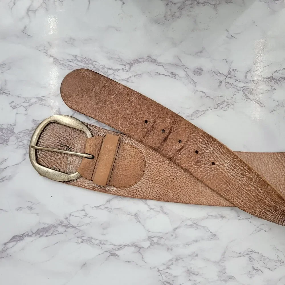 Classic Wide Brown Leather Belt with Antiqued Buckle